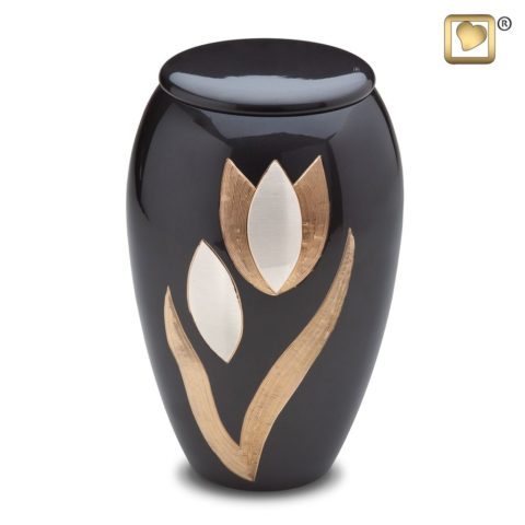 Black cremation urn with tulip design